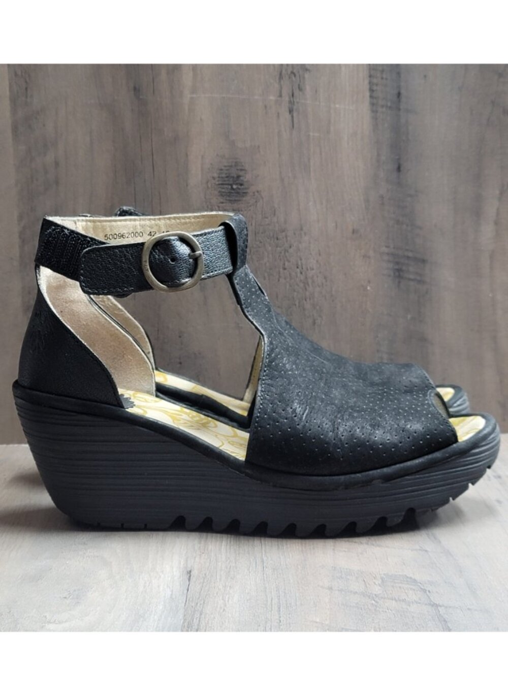 Fly London YALL962FLY Black Wedge Sandals 37 (6.5-7)